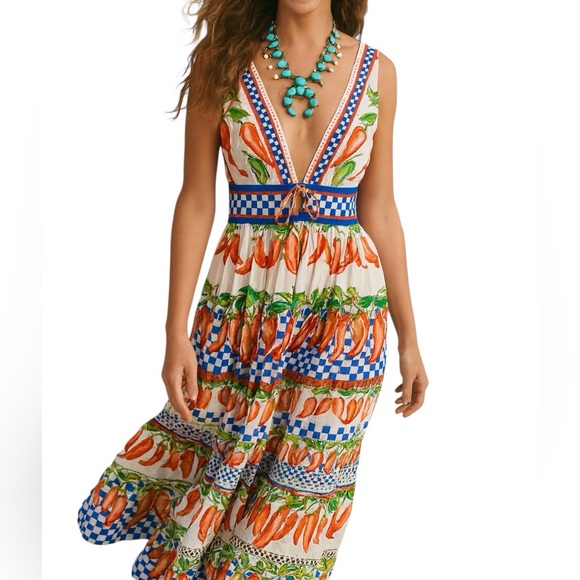 Farm Rio Off-White Picnic Peppers Ainika Midi Dress NWT - Picture 1 of 10